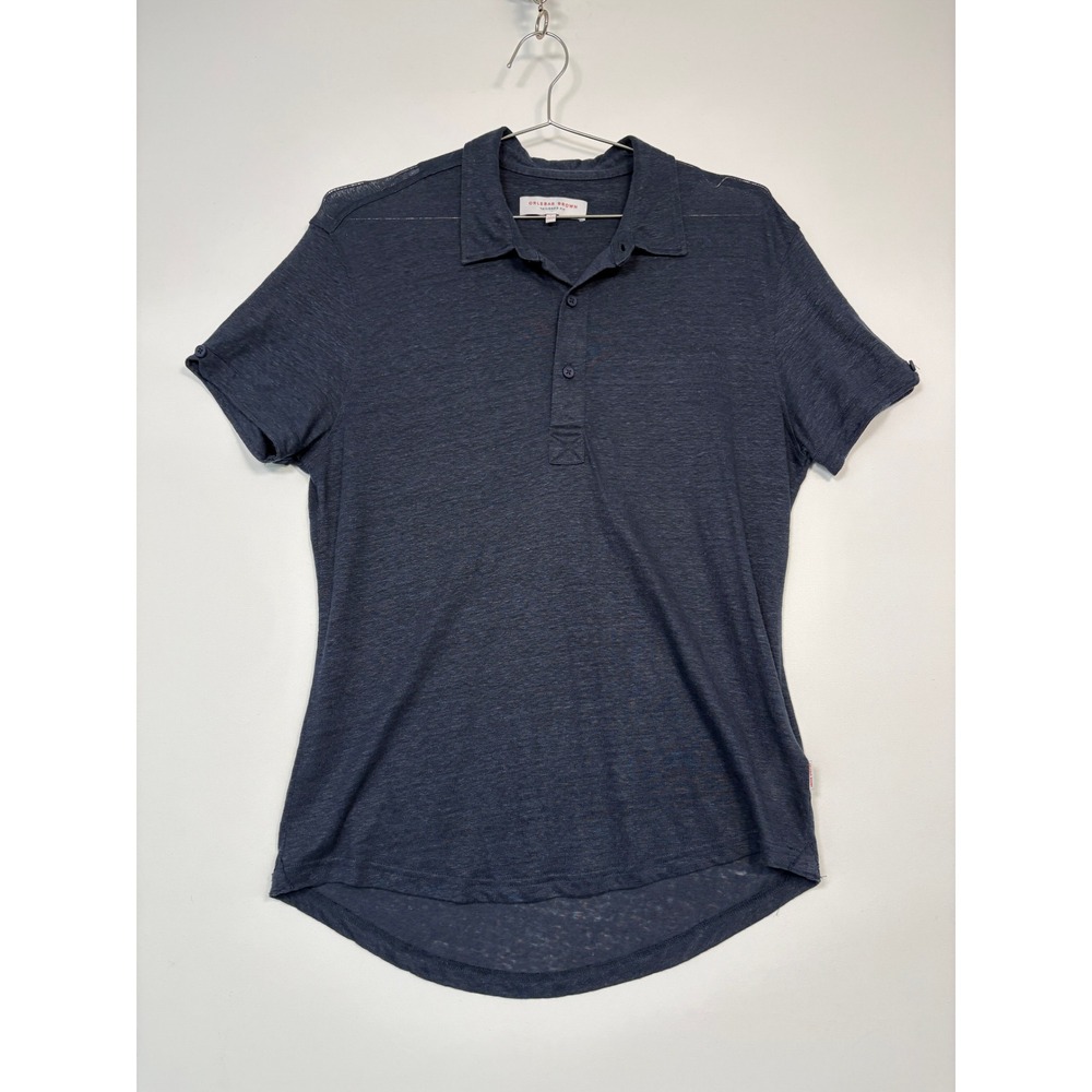 Orlebar Brown Mens Polo L Navy Blue Sebastian Tailored Fit Linen Short Sleeve